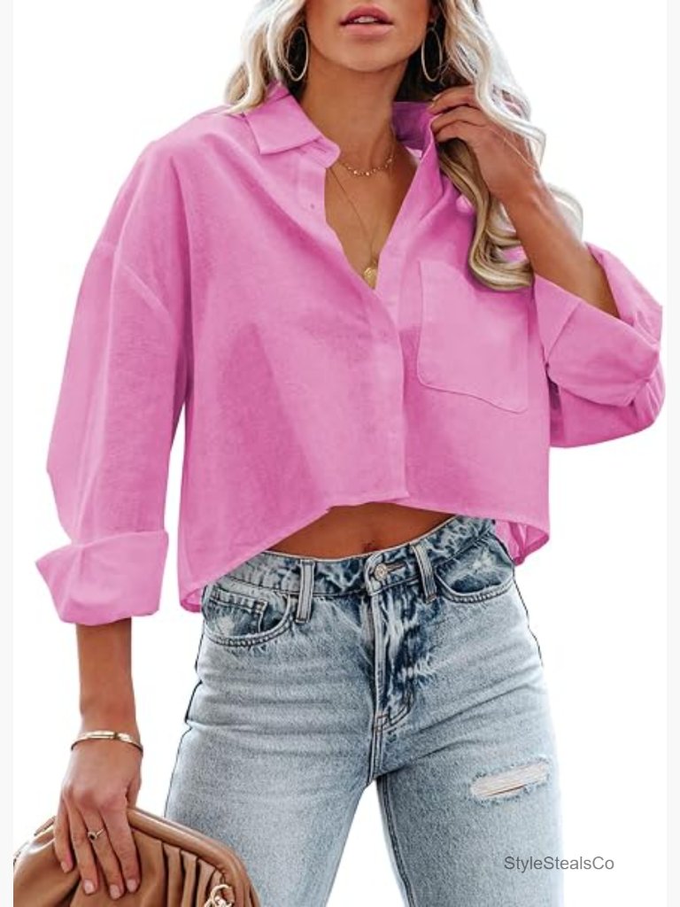 Long Sleeve Button Down Crop Top Blouse With Chest Pocket